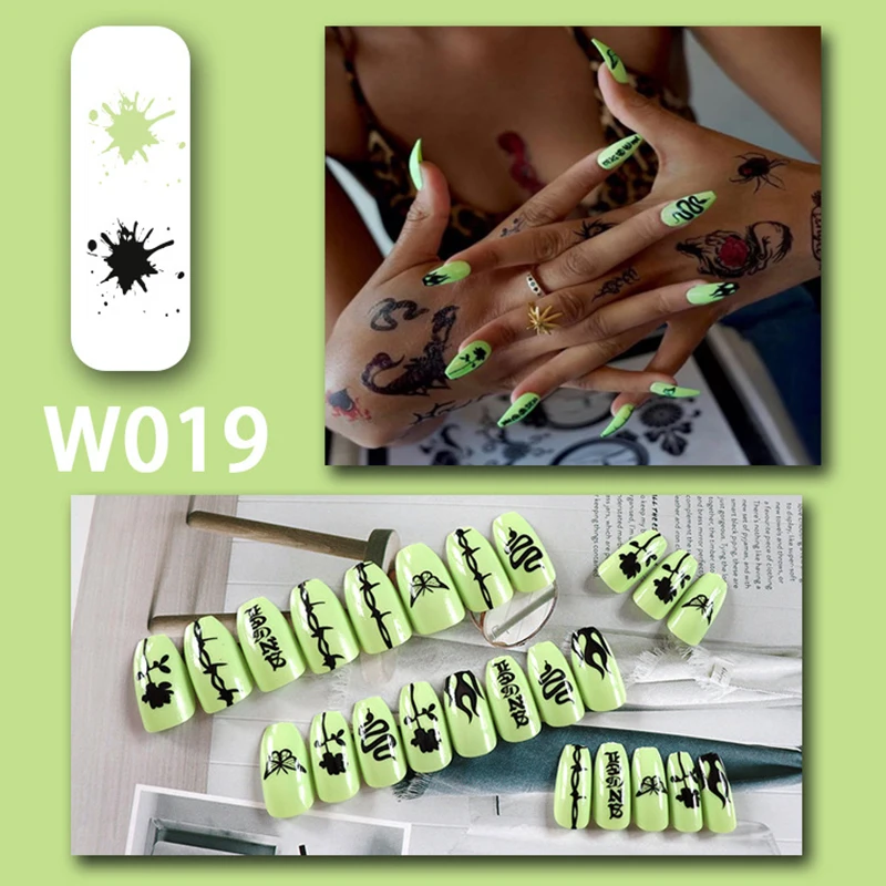 24 Pcs/Box Fluorescent Green Personality Fake Nails Press on Square Head Full Cover Detachable Finished Fingernails Reuseable