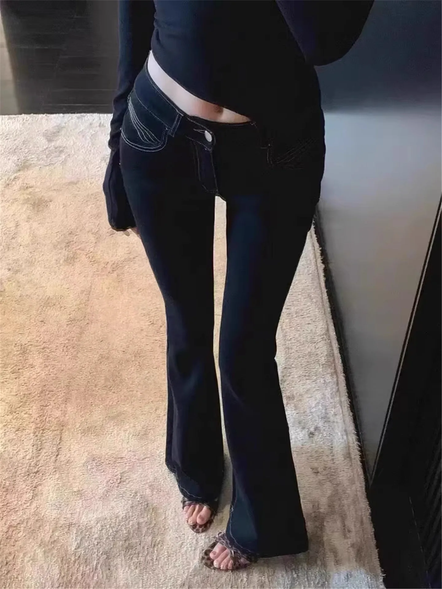 

American Retro Low Waist Bell Bottom Jeans Women's Spring Autumn Slimming Long Length High Heeled Cotton Casual Fashion