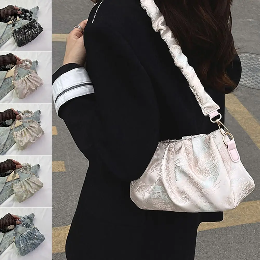 

Versatile New Chinese Style Shoulder Bags Solid Color Large Capacity Armpit Bag Handheld DIY Pleated Handbag Women Girls