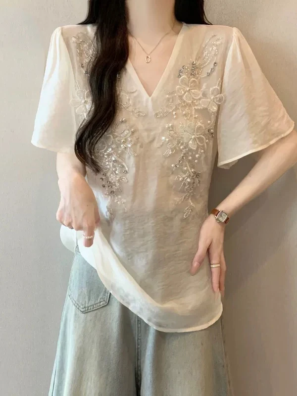 

Elegant Sequin Embroidery V-Neck Chiffon Top Women's plus Size Summer New Style Slimming Trendy Top Korean Style Loose Fit