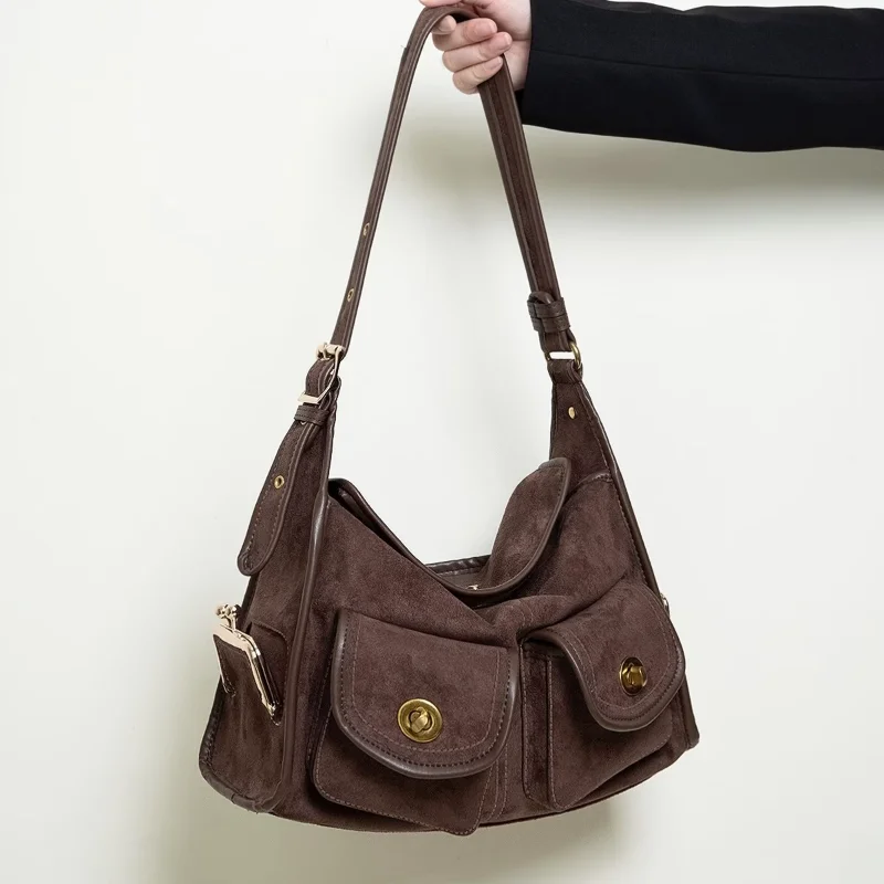 

Retro Frosted Tote Bag Autumn Time Shoulder Bag New Advanced Motorcycle Style Multi-pocket Handbag Y2k Lock Crossbody Bag Wallet