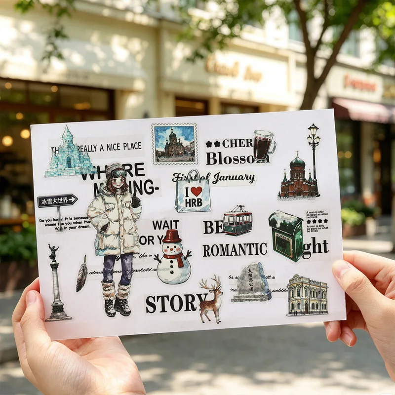 1pack/6pcs Vintage Journey Themed Flat Sticker Unique Decor Stickers for Hand Account DIY Decoration