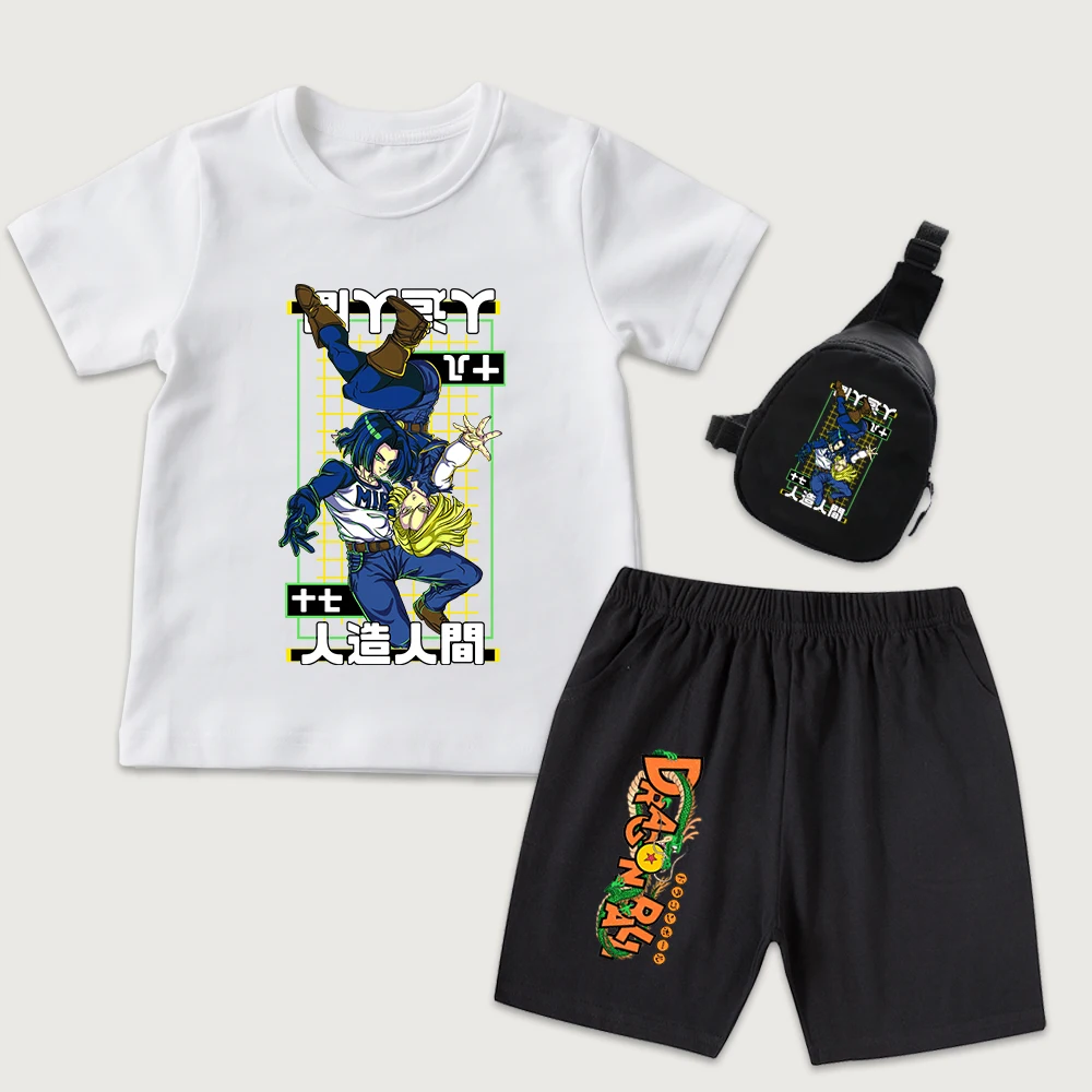 Kids DBZ Android 17 x Android 18 Print Cotton T Shirt Shorts Mini Chest Bag 3Pcs Set for Boys Girls Casual Summer Outfit