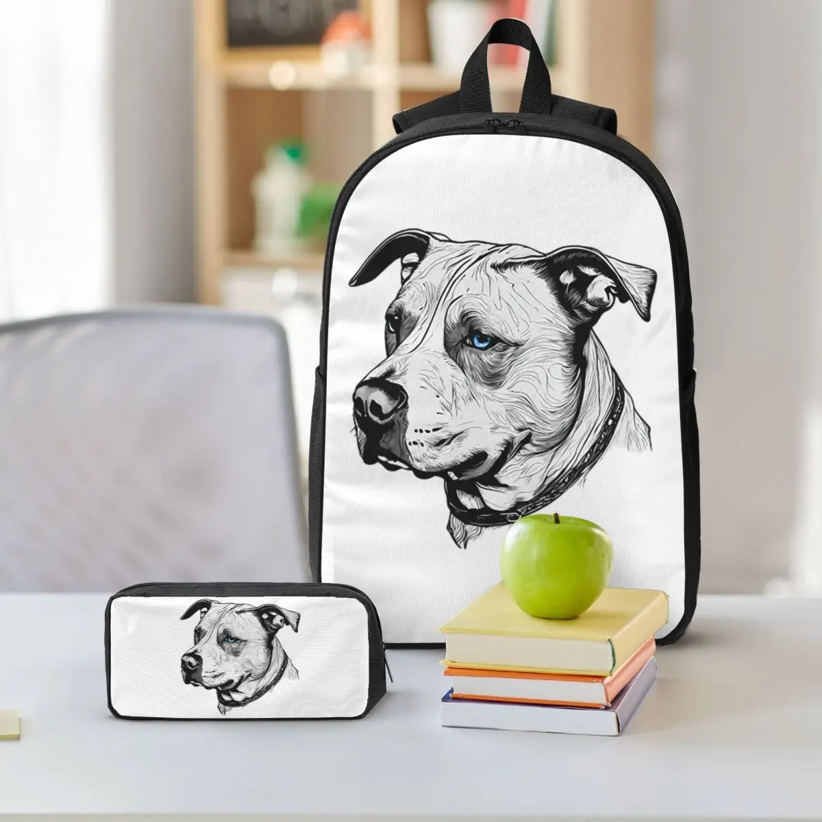 Minimalist Line Pitbull With Blue Eyes Backpack Boys Girls BookBag School Bag Shoulder Bags 3ps Insulated Lunch Bag Pencil Case