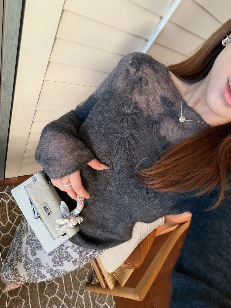 

Вязаный женский топ из шерсти альпака с вышивкой и цветочным узором, универсальный, нежный, для ранней весны