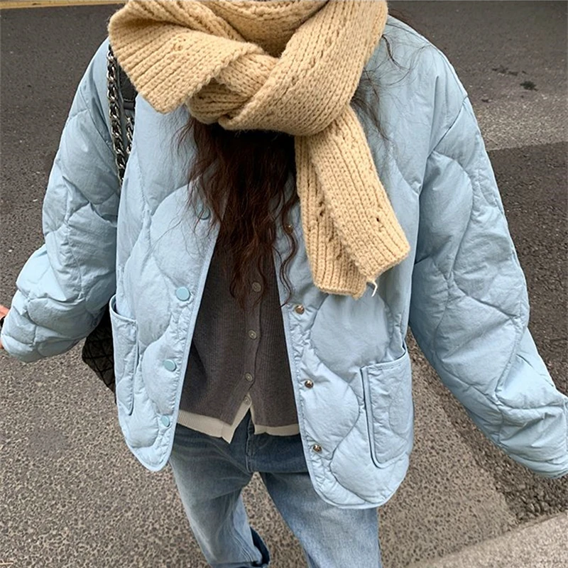 Sky Blue Quilted Padded Cotton Parkas Coat Autumn Winter Solid Jacket Loose Casual Students Sweet Girls Outerwear Korean Fashion