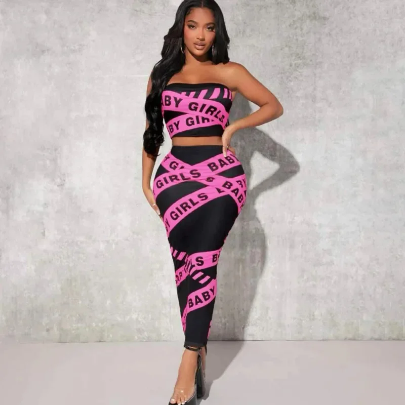 

Sexy Hollowed Out Letter Printed Strapless Women's Top Set Summer High Waist Slim Fit Long Skirt Set Beach Party Spicy Girl Set