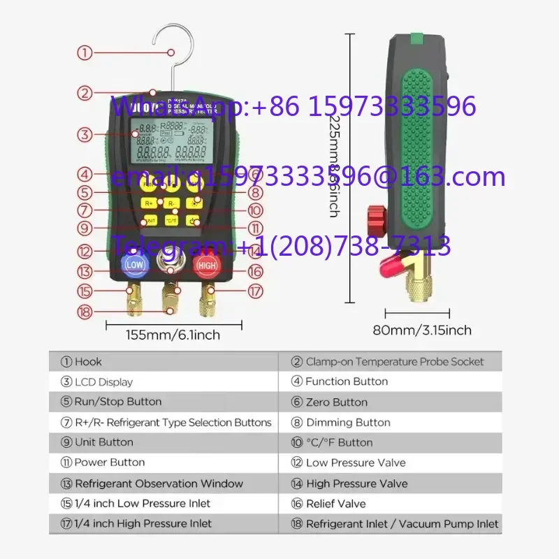 HVAC Digital Vacuum Pressure Gauge Multifunctional Air Conditioner Refrigerant Testing Meter Temperature Measuring Instrument