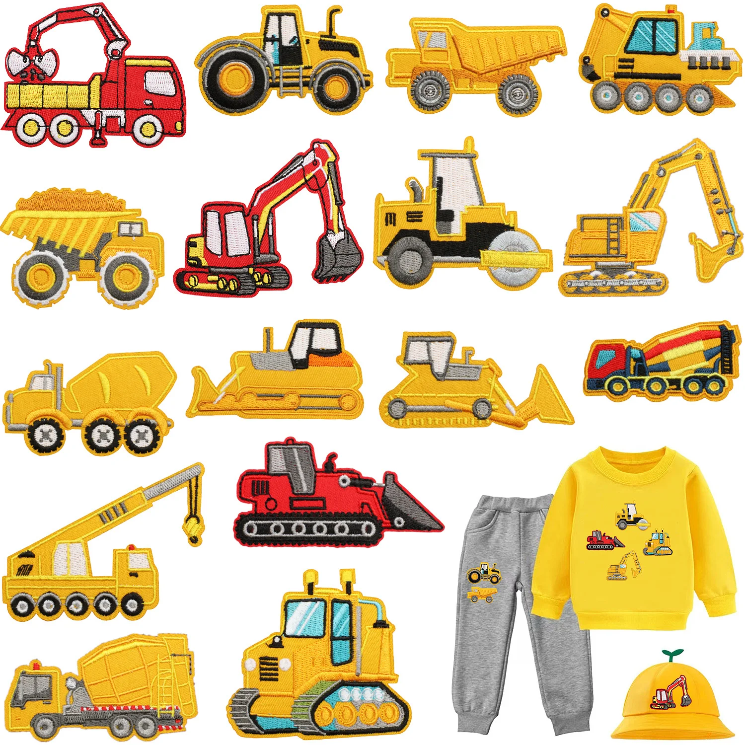 Varios vehículos de ingeniería, apliques de punto bordado, camión, autobús, taxi, cisterna, parche textil con adhesivo térmico para planchar