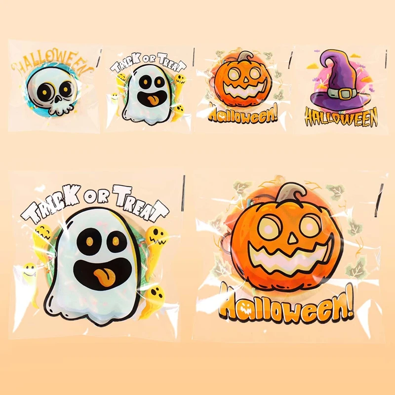 50/100 Stück Happy Halloween Totenkopf Geist Süßigkeiten Verpackungsbeutel Zellophan Schokolade Keksbeutel 2025, Halloween Party Dekor Zubehör