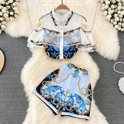 European Fashion Women Two Piece Set 2024 summer Floral Print Clothing Sets Off Shoulder Buttons Casual Shirt and Shorts Suits