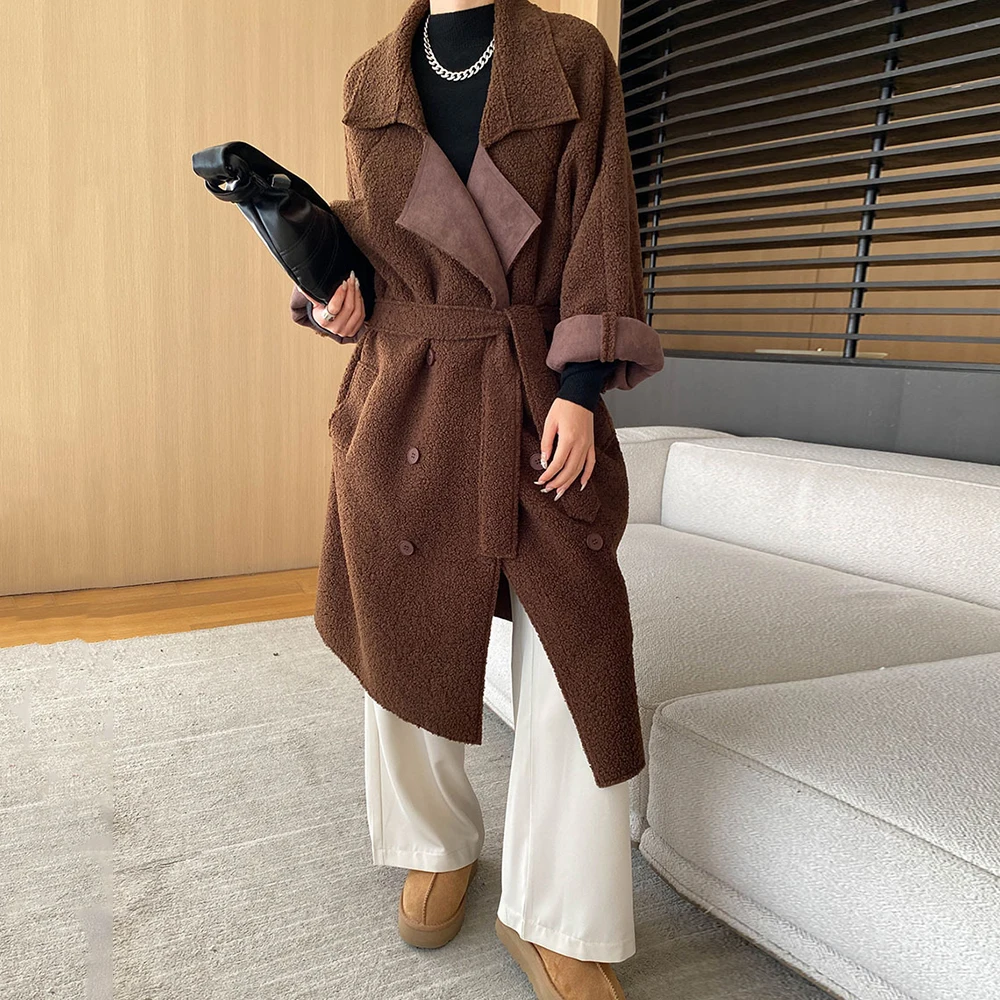 TWOTWINSTYLE Solid Loose Warm Overcoat For Women Notched Collar Long Sleeve Patchwork Lace Up Minimalist Trench Female Fashion