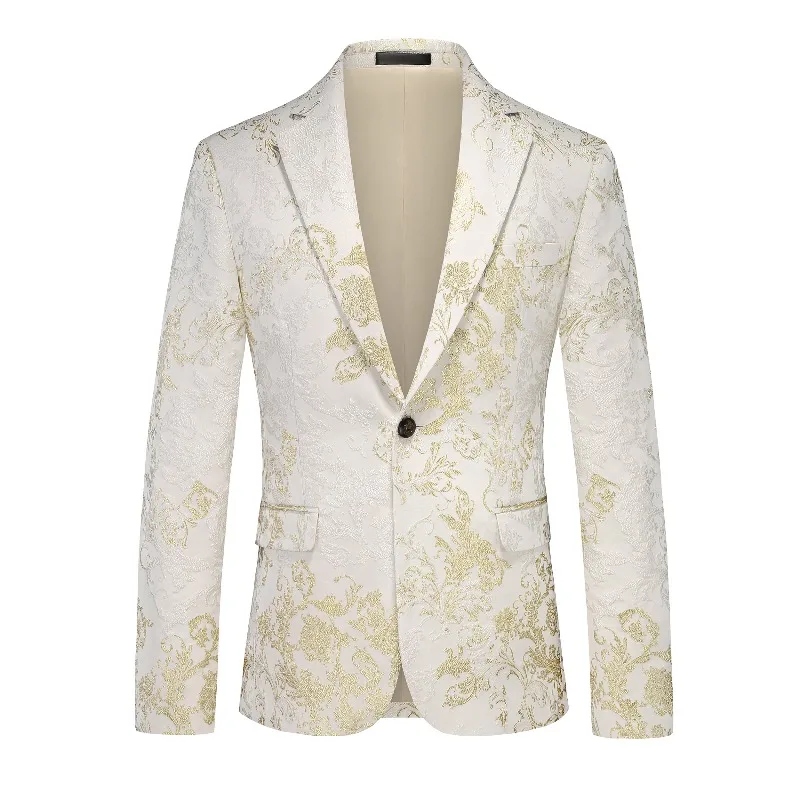 

Мужской белый пиджак из жаккарда с цветочным узором, на одной пуговице, приталенный, для вечеринок, выпускных, свадеб, ночных клубов, сцены, банкетов