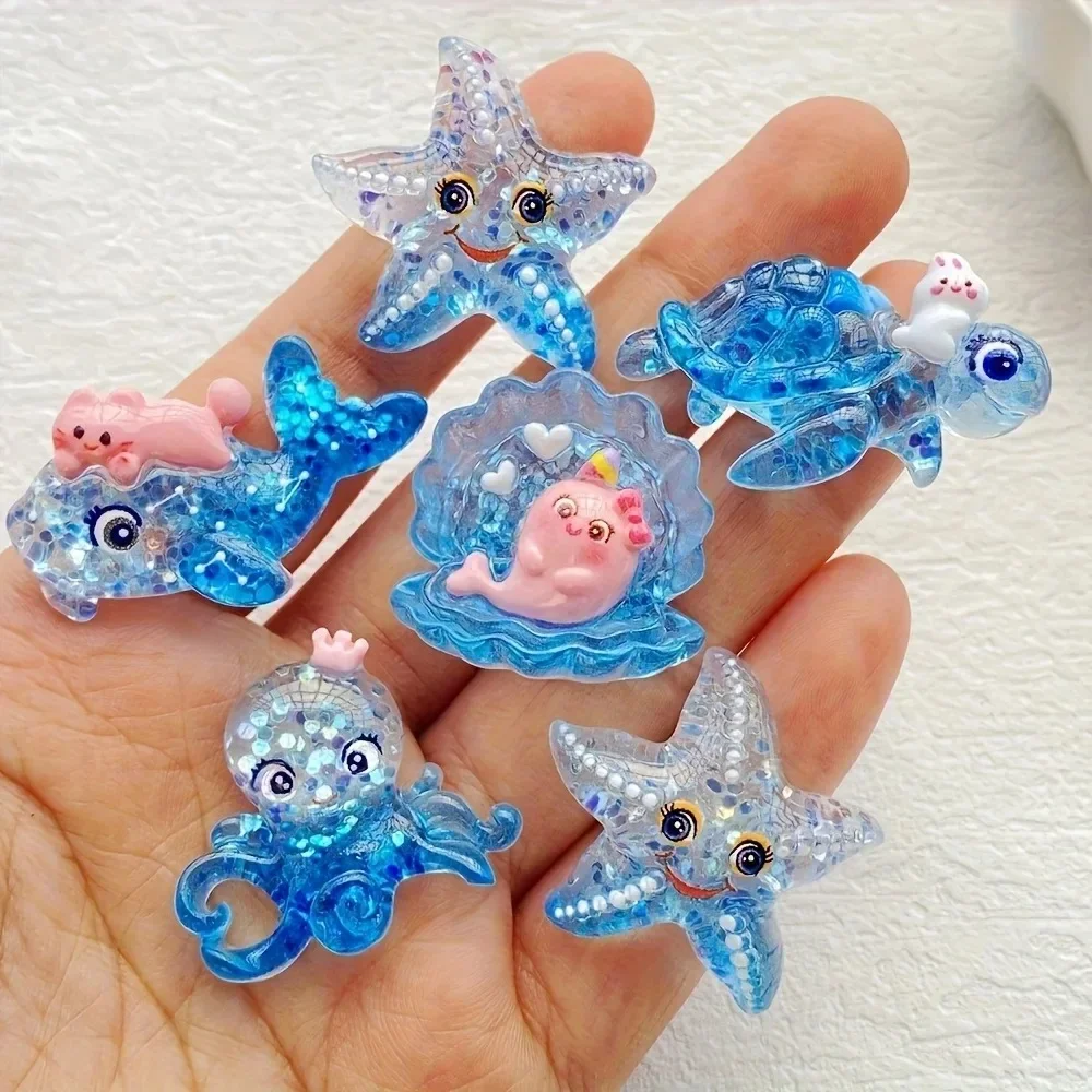 10Pcs Ocean Theme Shiny Resin Statues, Turtle Octopus Starfish Shell Dolphin Mini Figurines for DIY Projects