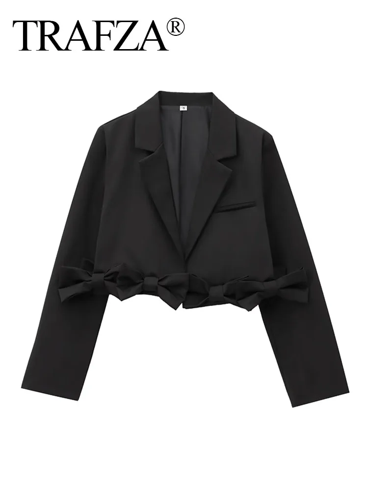 

TRAFZA Autumn Short Coats Woman 2024 Trendy Black Turn-Down Collar Long Sleeves Bow Decorate Female Fashion High Street Blazers