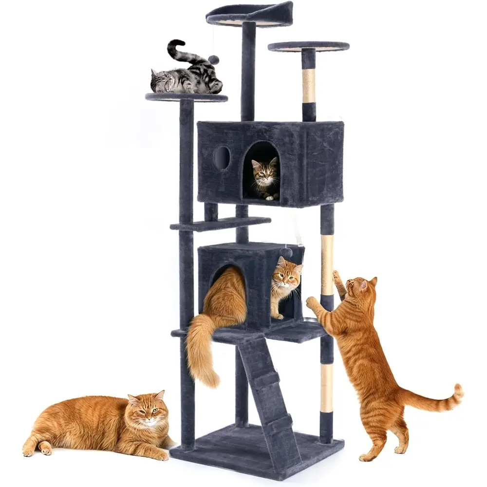 

70 Multi-Level Cat Tree Tower with 2 Condos, Scratching Posts, Platforms, Ladder, and Toys for Large Cats in Grey