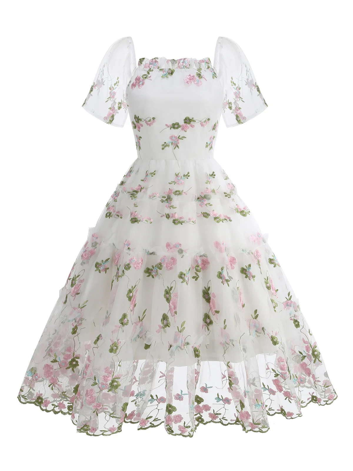 2025 babados pescoço quadrado elegante branco luxo bordado vestidos feminino noite festa de aniversário baile floral malha vestido vintage