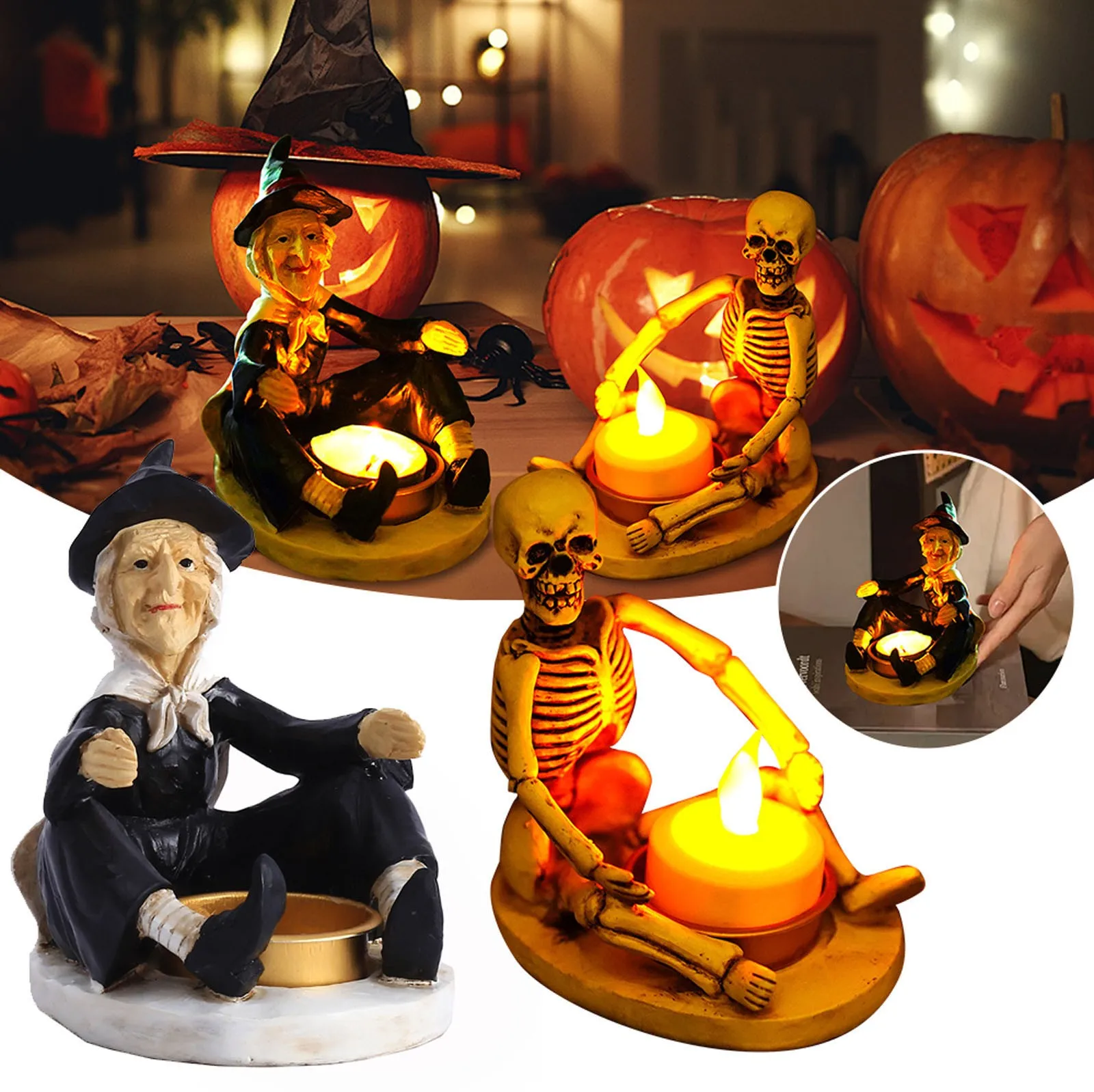 Witch Skeleton Man Holding Knee Candlestick Creative Resin Candle Holders Unique Design Candlestick Halloween Atmosphere Decor