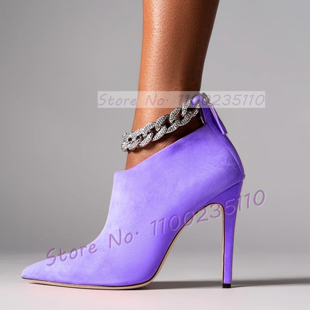 Pink Suede Crystal Chain Booties Women Trends Pointy Toe Metal Anklet Party Shoes Female Patchwork Back Zipper High Heels Boots view 4