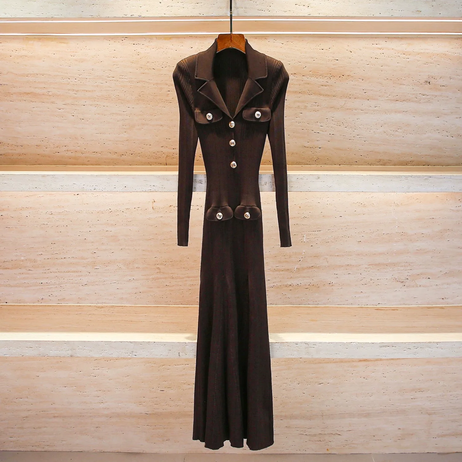 Stretch Slim knit dress temperament elegant metal buttons decorated V-neck long-sleeved women\'s dresses 2025 spring new