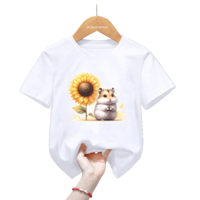 

Cute White T-Shirt Hamster And Sunflower Printed T Shirt For Girls/Boys Summer Fashion Kawaii Kids Clothes Harajuku Shirt