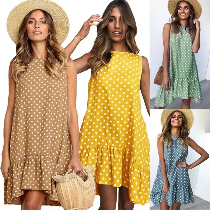 Crew Neck Sleeveless Polka Dot Loose Pendulum Ruffle Dress for Women