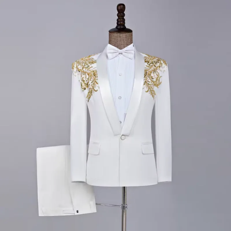 

Men's Red White 2-Piece Suit Sequin Blazer And Pants Set Evening Party Banquet Wedding Stage Performance And Singer Show Outfit