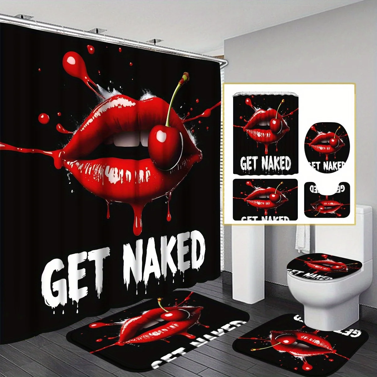 

4pcs Red Lip Cherry Shower Curtain Set with Anti-Slip Mats & Toilet Covers, High Quality Bathroom Decor, Ideal Housewarming Gift