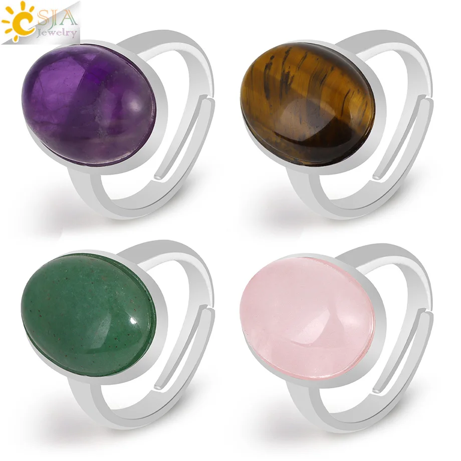 Small Egg Shape Natural Stone Ring Silver Color Adjustable White Crystal Quartz Amethytst Finger Rings Men Women Jewelry H512