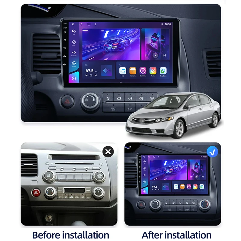 2026 2Din car radio, Snapdragon Android 15 system, compatible with 2005 - 2012 Honda Civic 8. Support CarPlay/Android Auto