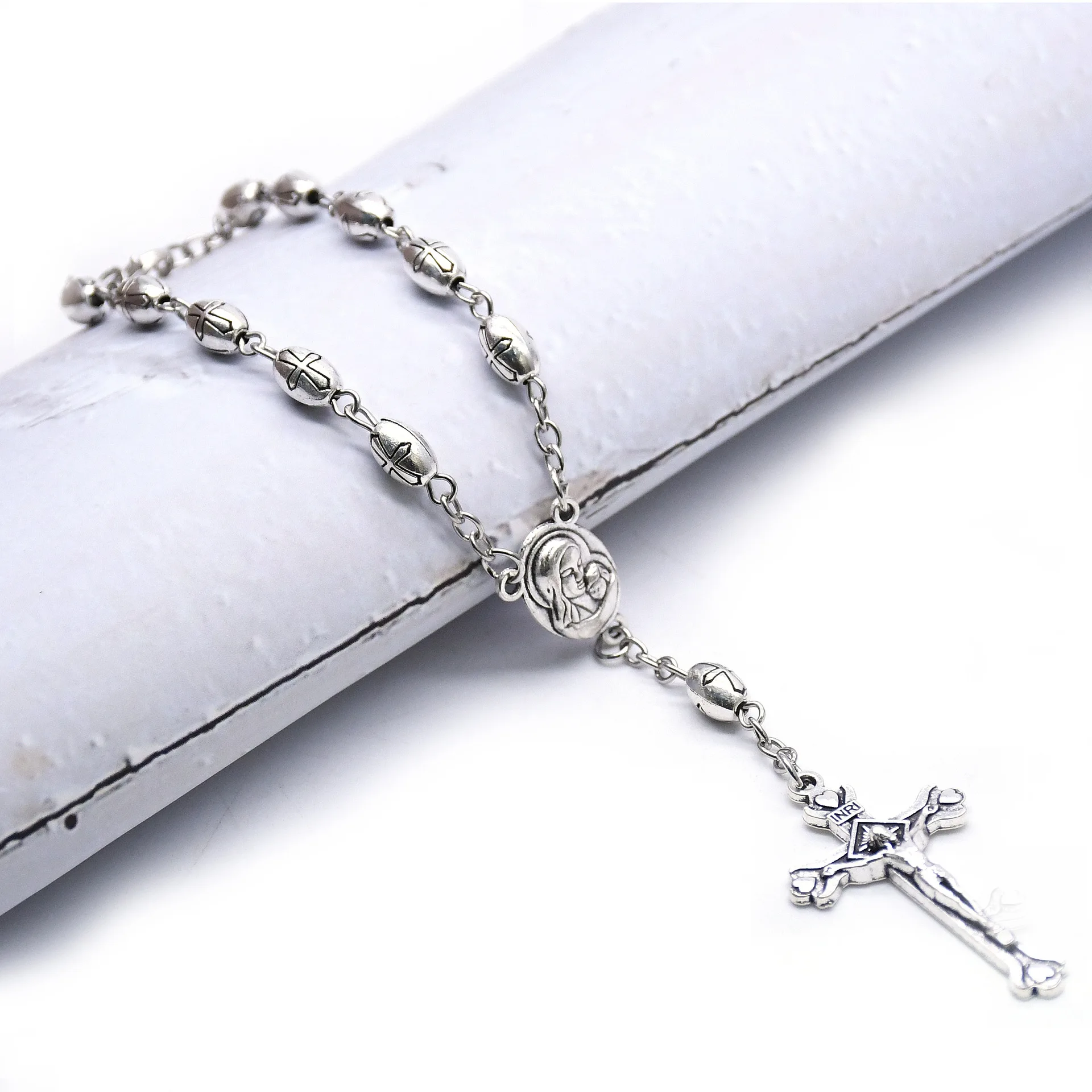 Retro Silver Plated Cross Beads Rosary Cross Pendants Bracelets Men Christian Catholic Religious Prayer Jewelry Accessory Gifts