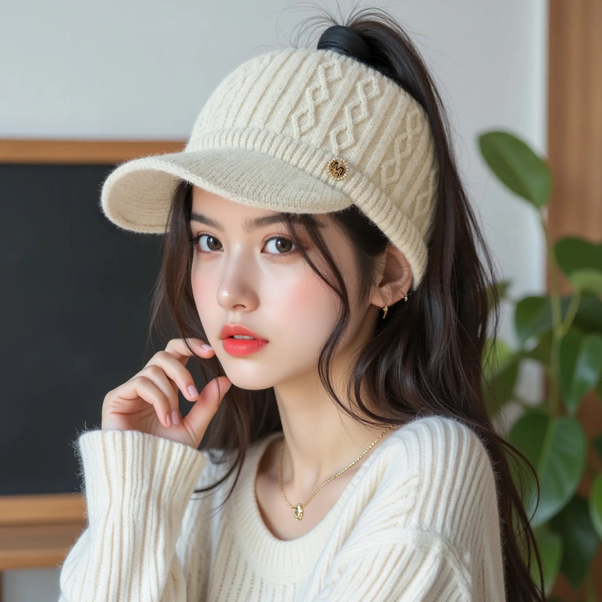 Teenage Fashion Versatile Hat Female Leakage Ponytail Outdoor Padded Warm Knitted Cap Autumn and Winter Woolen Duck Tongue Cap