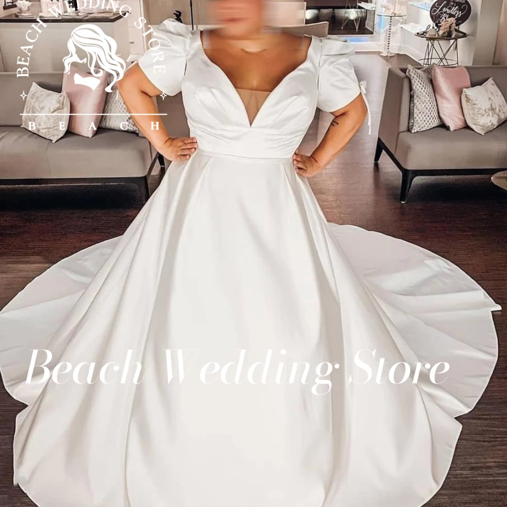 

Beach Customized Maternity Wedding Dress Plus Size Short Sleeve A-Line Satin With Cheapel Train Long Bridal Gowns Cheap Simple