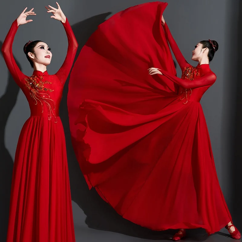 Wanjiangge vestido vermelho de flamenco feminino traje de performance saia longa para prática, roupa de dança moderna 720 graus XH416, novo