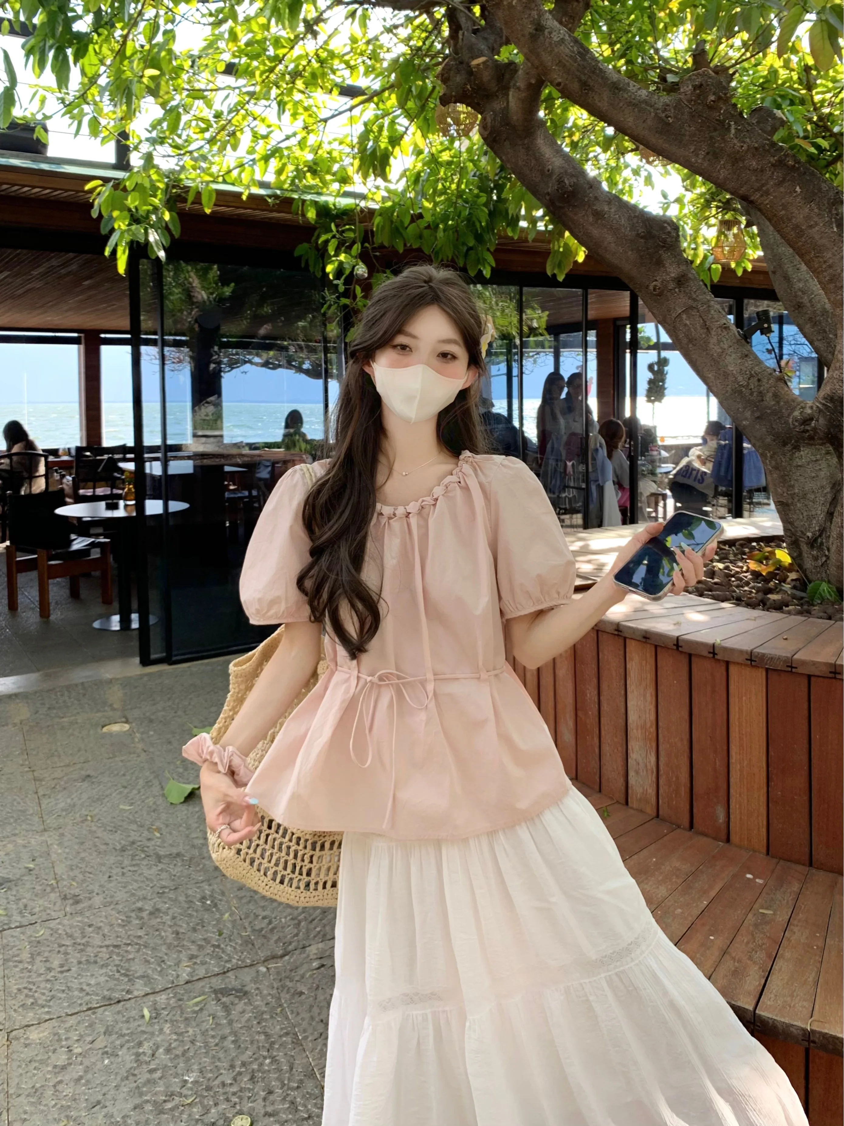 

Sweet Girl Pink Woven Short Sleeve Shirt Women's Summer Design Drawstring Waist Slim Bubble Sleeve Top Commute Style Regular Fit