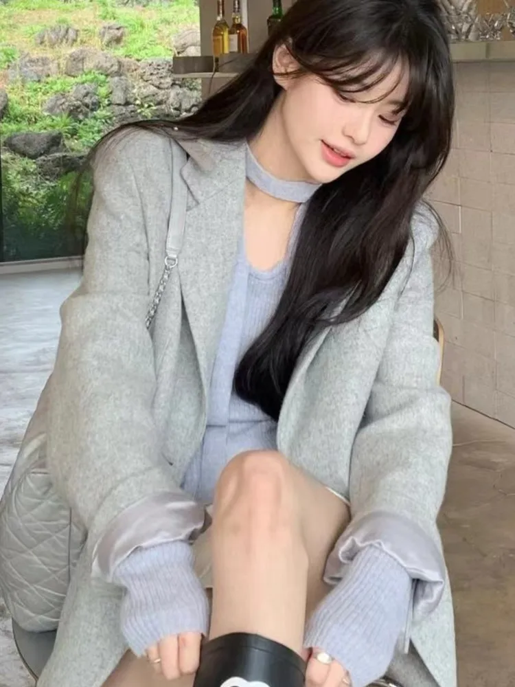 Women Autumn Fashion Tweed Coat Elegant Casual Basic Turn Down Collar Single Breasted Jacket Female Office Lady Clothes New