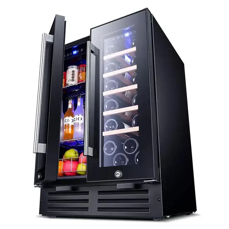 Black Steel Stainless Steel Glass Door Display Wine Cabinet Beech Wood Shelves Wine Refrigerator Fridge