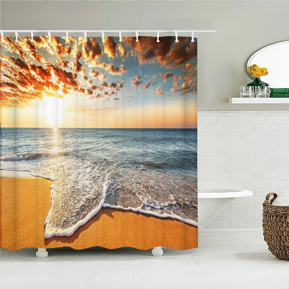 Sunset Beach Shower Curtain, Ocean Waves and Tropical Sky Design, Nature Landscape Pattern, Waterproof Bath Liner for Home Decor