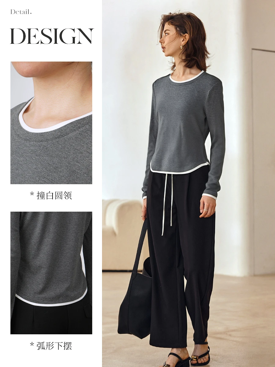 

OLrain, женская футболка с длинными рукавами, осень 2024, новые футболки контрастного цвета, лоскутные простые женские топы с круглым вырезом M57QT000191