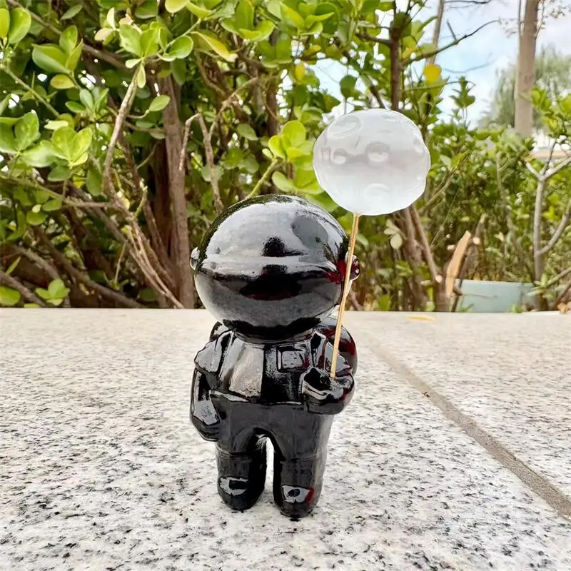 Natural White Marble Jade Black Obsidian Cartoon Spaceman Carving Ornaments Gift Energy Gem Stone Home Decoration Gift 1pcs