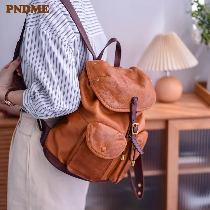 PNDME fashion vintage designer genuine leather women multi-pocket backpack real cowhide travel soft real cowhide female bookbag