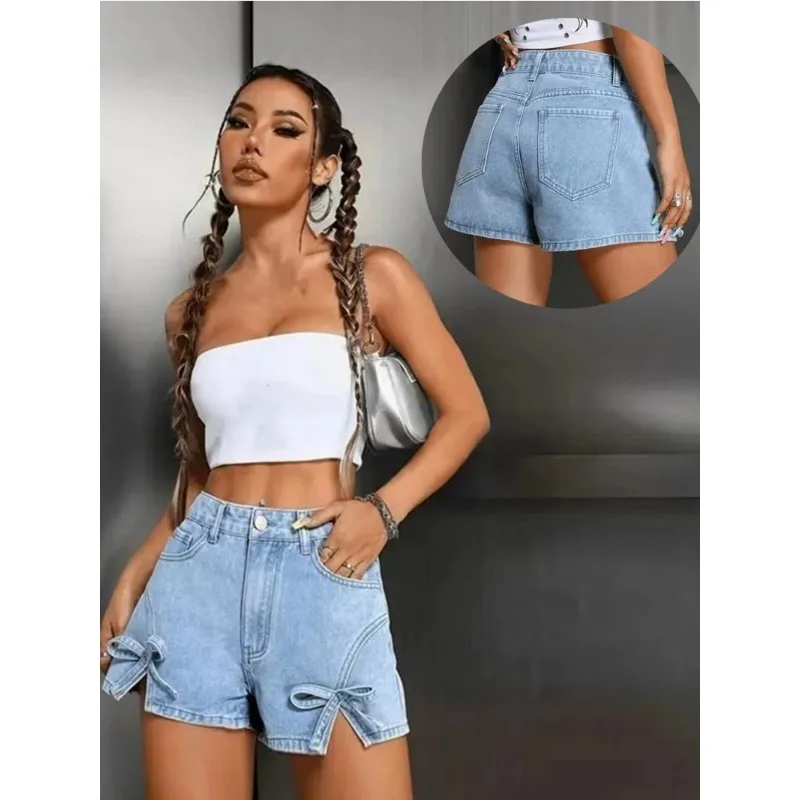 

Women's Vintage High Waist Denim Shorts Summer 2026 Side Split Bow Tie Slim Fit Casual Y2K Streetwear Jean Shorts