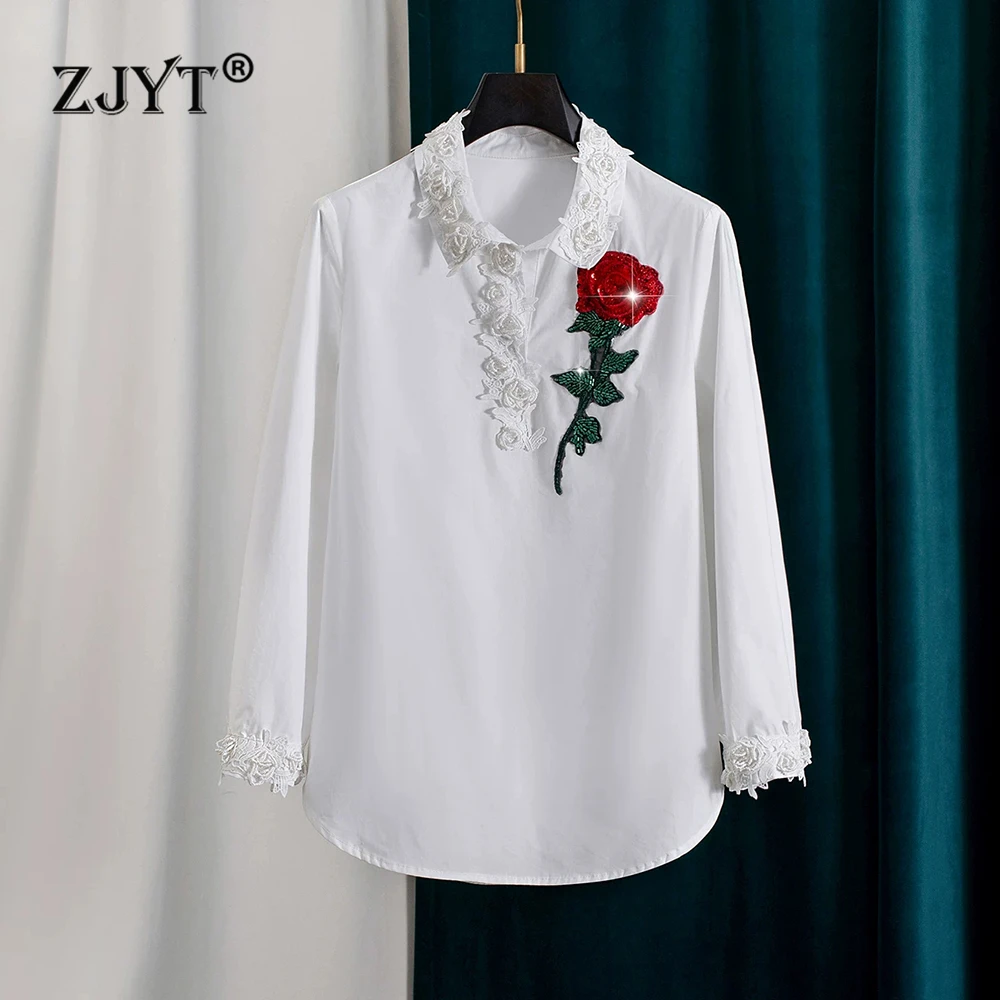 

ZJYT Elegant Women's White Blouses and Shirts Long Sleeve Beading Floral Casual Loose Tops Ladies 2026 Fashion Female Shirt
