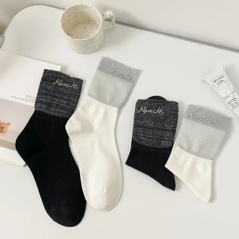 

Women's Socks Spring Summer Breathable New Gold And Silver Bright Silk Simple Fashion Trend In The Tube Women's Socks Pile Socks