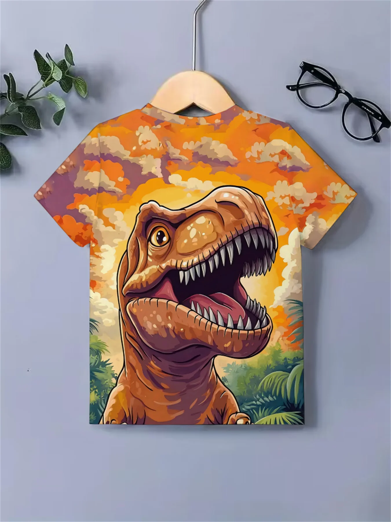 Children Vivid Roaring T‑Rex Print T‑Shirt, Boys Colorful Sunset Dinosaur Art Short Sleeve Crew Neck Casual Daily Tee