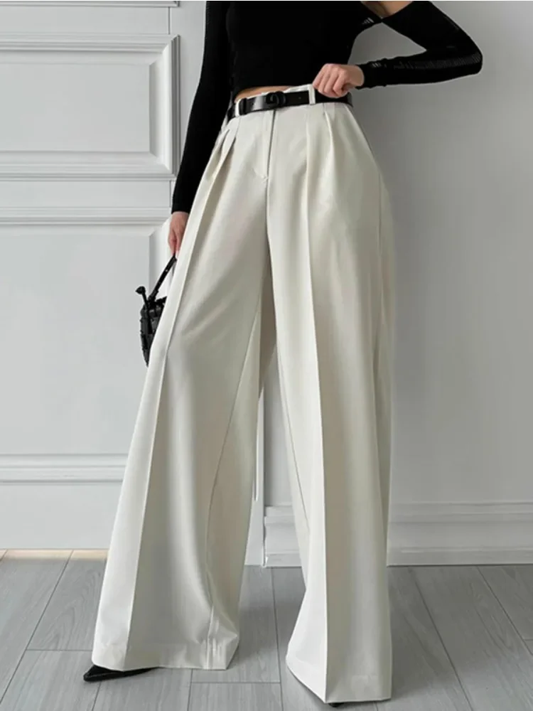 Freeacy Elegant Pants for Urban Women Solid Color High Waist Buttoned Loose Fit Floor Length Trousers Stylish Commuter Bottoms
