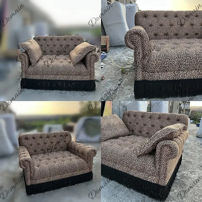 N80 Vintage Leopard Print Fabric Sofa with Tassels French Retro Couch for Apartment Hotel Photography
