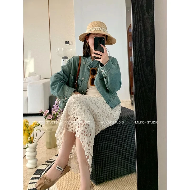 White Hollow Half Dress Female Spring New Skirts High-Waisted Temperament Skirt One-Step A-Line Skirt All-Match Woman Clothing