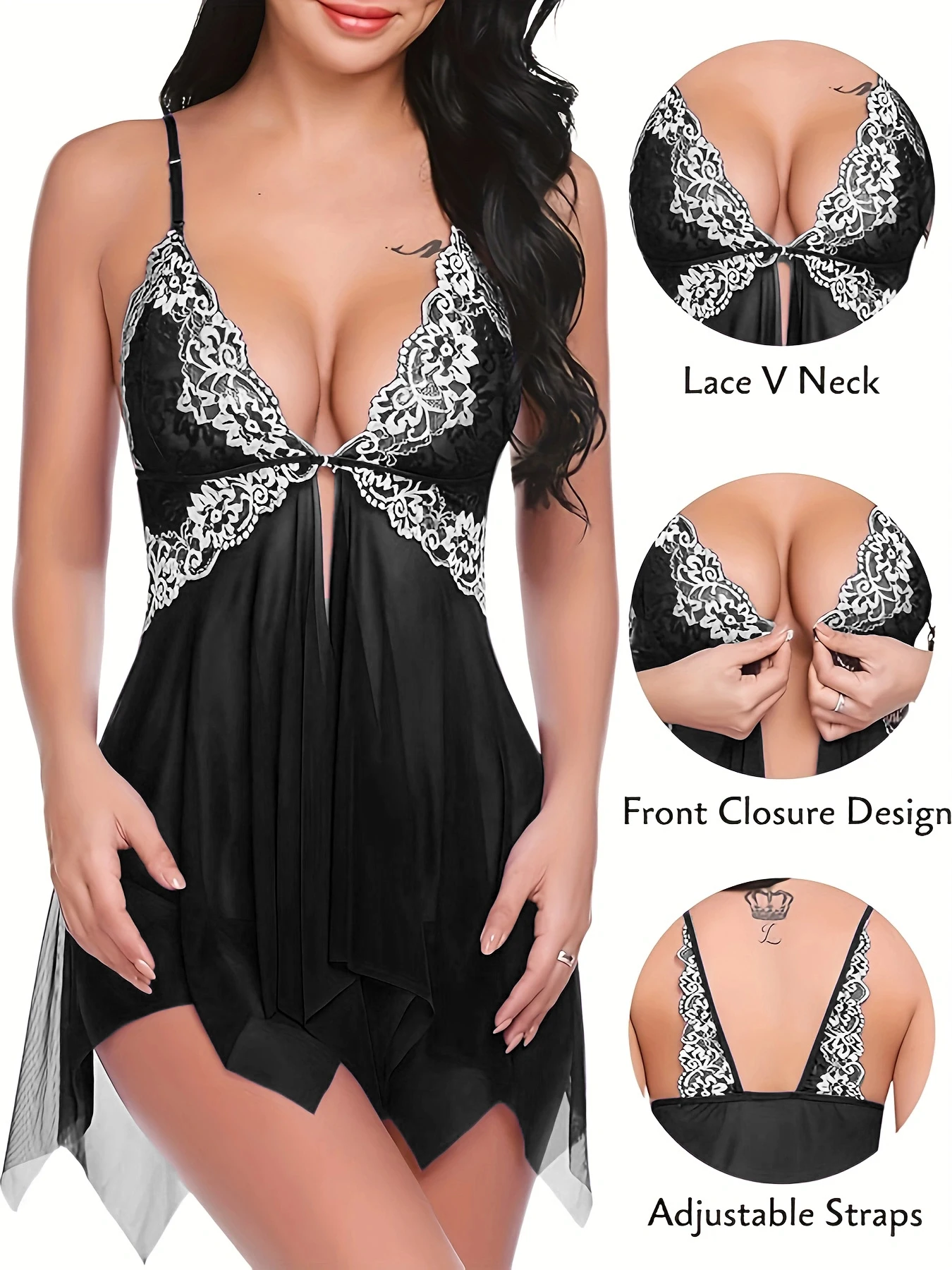 Women Lace Sheer Mesh Babydoll Lingerie, V Neck Spaghetti Straps Irregular Hem Black Nightgown