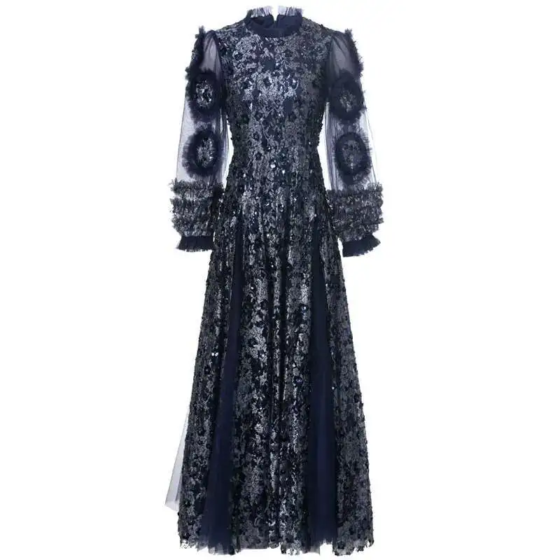 Abiti maxi con paillettes di lusso Donna Estate Autunno Ruffles Manica lunga Maglia pieghettata Tulle Abiti da sera per feste Abito da damigella d'onore
